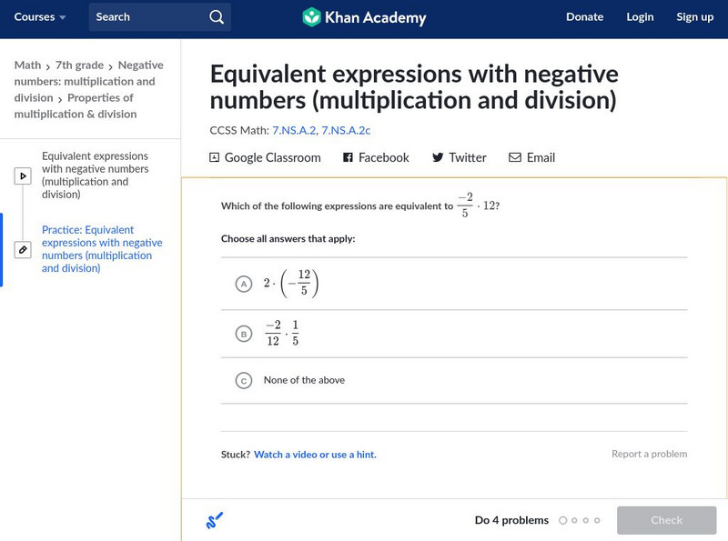 Khan Academy: Equivalent Expressions With Negative Numbers Multiply and Divide Unit Plan