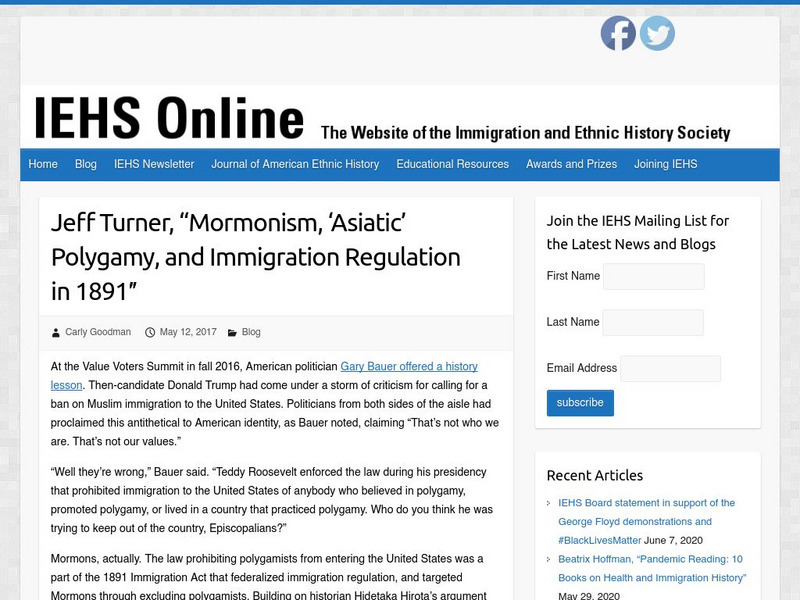 Iehs: Jeff Turner, "Mormonism, 'Asiatic' Polygamy, and Immigration Regulation" Article Iehs: Jeff Turner, "Mormonism, 'Asiatic' Polygamy, and Immigration Regulation" Article
