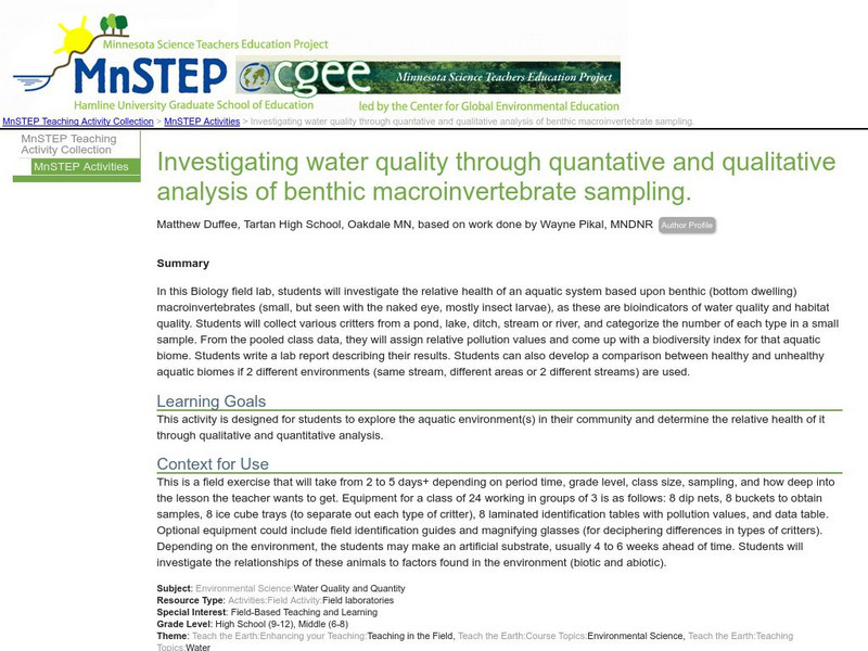 Serc: Investigating Water Quality Through Quantative and Qualitative Analysis Activity Serc: Investigating Water Quality Through Quantative and Qualitative Analysis Activity