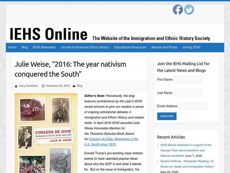 Iehs: Julie Weise, "2016: The Year Nativism Conquered the South" Article Iehs: Julie Weise, "2016: The Year Nativism Conquered the South" Article
