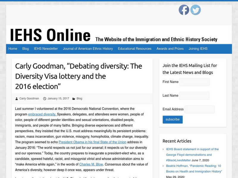 Iehs: Carly Goodman, "Debating Diversity: The Diversity Visa Lottery" Article Iehs: Carly Goodman, "Debating Diversity: The Diversity Visa Lottery" Article