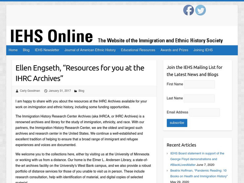 Iehs: Ellen Engseth, "Resources for You at the Ihrc Archives" Article Iehs: Ellen Engseth, "Resources for You at the Ihrc Archives" Article