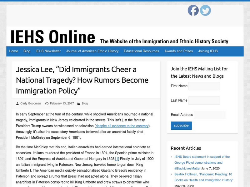 Iehs: Jessica Lee, Did Immigrants Cheer a National Tragedy? Rumors Become Policy Article Iehs: Jessica Lee, Did Immigrants Cheer a National Tragedy? Rumors Become Policy Article