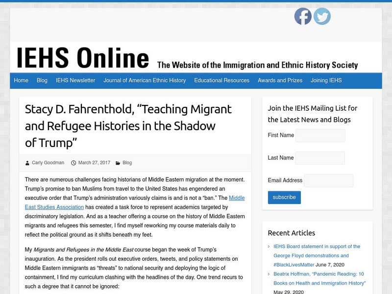 Iehs: Stacy D. Fahrenthold, "Teaching Migrant and Refugee Histories" Article Iehs: Stacy D. Fahrenthold, "Teaching Migrant and Refugee Histories" Article