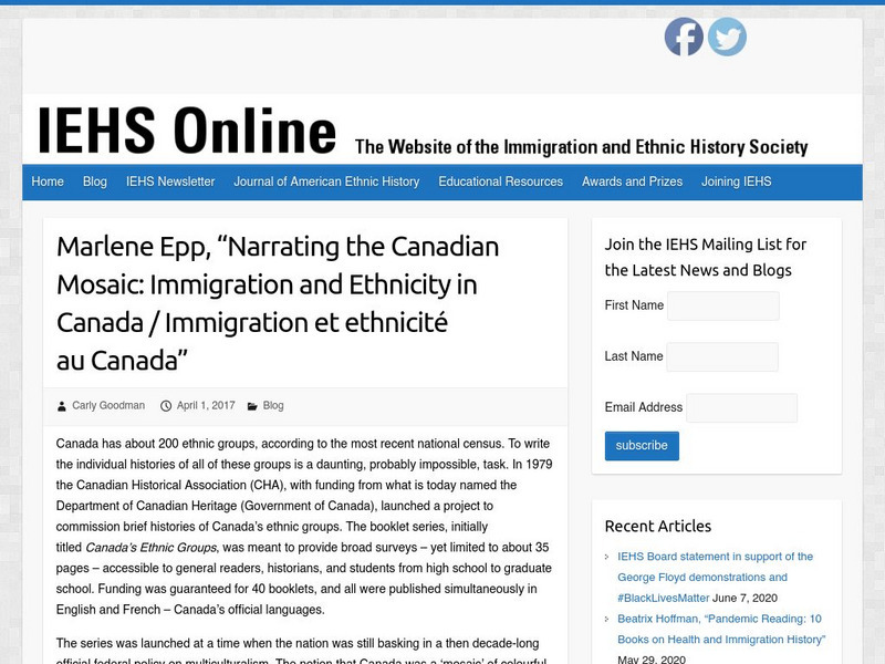 Iehs: Marlene Epp, "Narrating the Canadian Mosaic: Immigration and Ethnicity" Article Iehs: Marlene Epp, "Narrating the Canadian Mosaic: Immigration and Ethnicity" Article