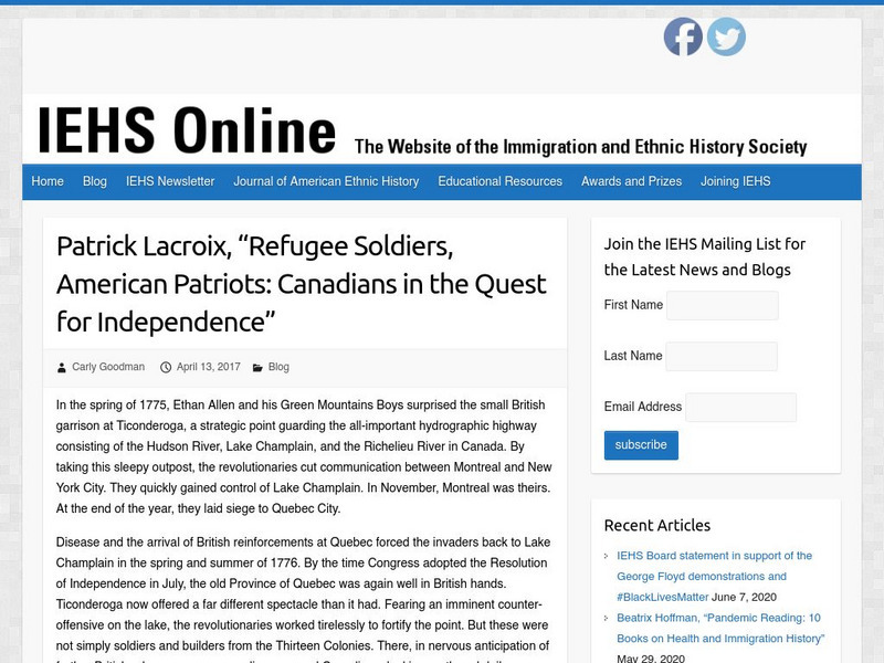 Iehs: Patrick Lacroix, "Refugee Soldiers, American Patriots" Article Iehs: Patrick Lacroix, "Refugee Soldiers, American Patriots" Article