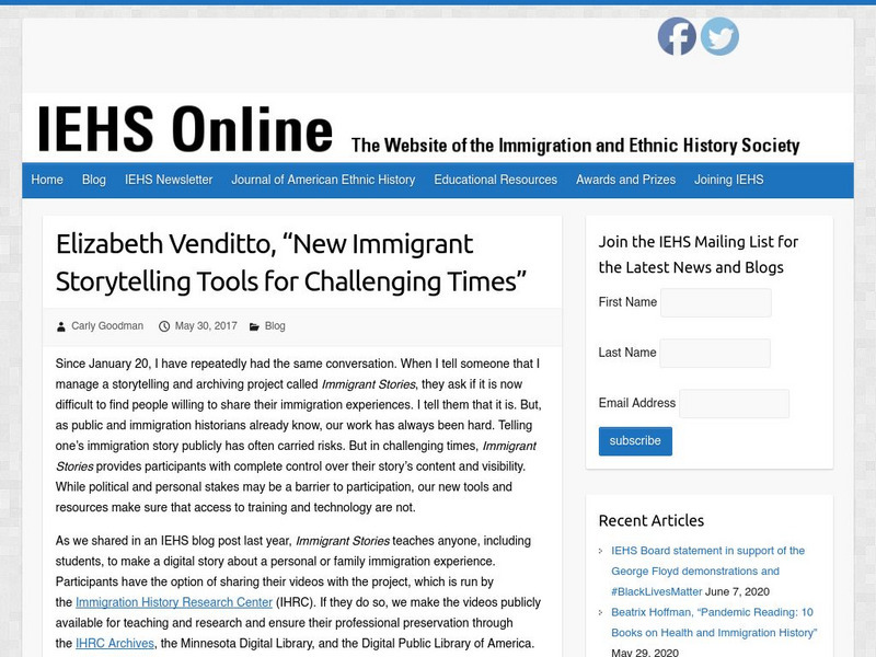 Iehs: Elizabeth Venditto, New Immigrant Storytelling Tools for Challenging Times Article Iehs: Elizabeth Venditto, New Immigrant Storytelling Tools for Challenging Times Article