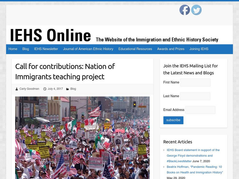 Iehs: Call for Contributions: Nation of Immigrants Teaching Project Article Iehs: Call for Contributions: Nation of Immigrants Teaching Project Article