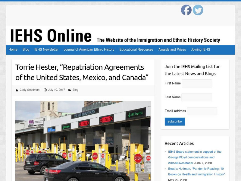 Iehs: Torrie Hester "Repatriation Agreements of the U. S., Mexico, and Canada" Article Iehs: Torrie Hester "Repatriation Agreements of the U. S., Mexico, and Canada" Article