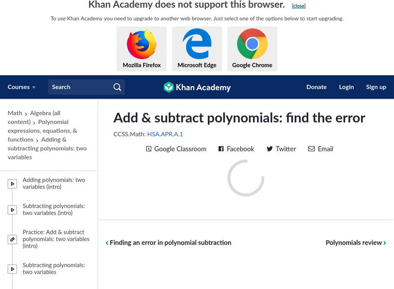Khan Academy: Add and Subtract Polynomials: Find the Error Unknown Type