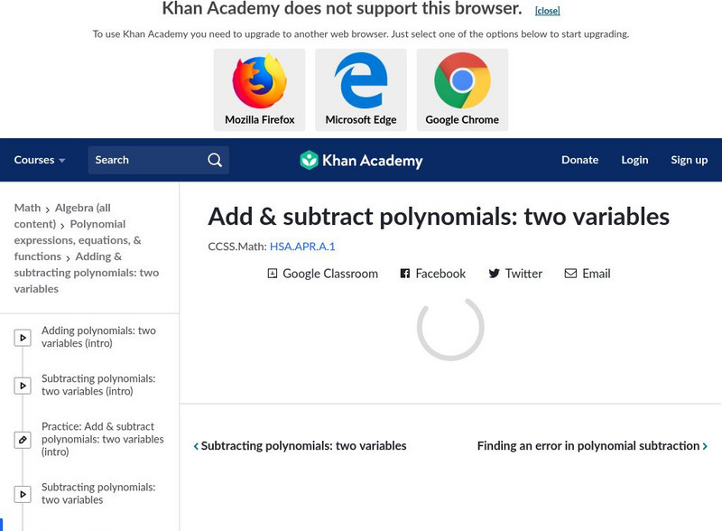Khan Academy: Add and Subtract Polynomials: Two Variables Unknown Type Khan Academy: Add and Subtract Polynomials: Two Variables Unknown Type