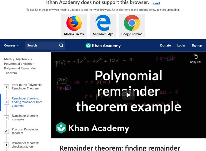 Khan Academy: Algebra Ii: Remainder Theorem: Finding Remainder From Equation Instructional Video