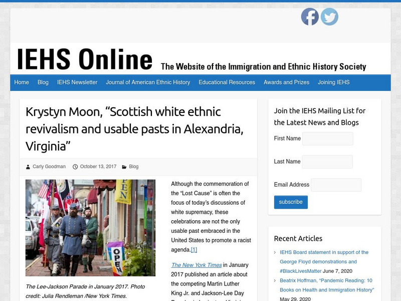 Iehs: Krystyn Moon, "Scottish White Ethnic Revivalism in Alexandria, Va" Article Iehs: Krystyn Moon, "Scottish White Ethnic Revivalism in Alexandria, Va" Article