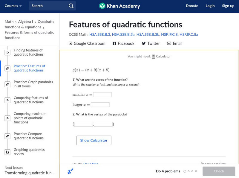 Khan Academy: Features of Quadratic Functions Unknown Type Khan Academy: Features of Quadratic Functions Unknown Type