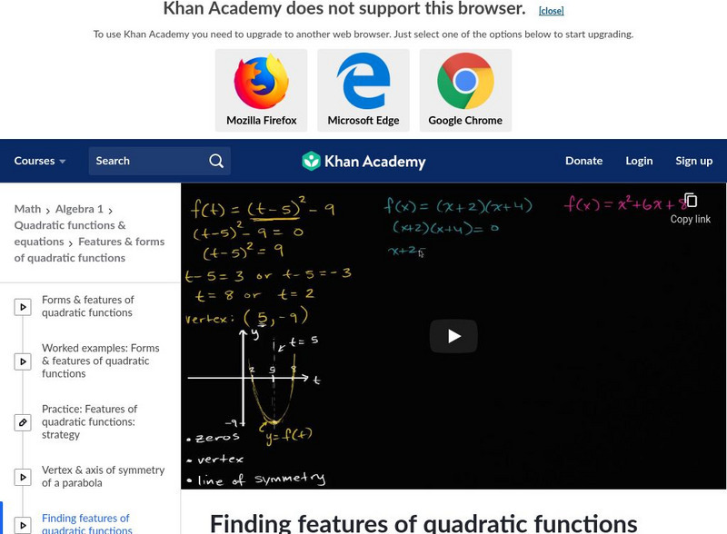 Khan Academy: Finding Features of Quadratic Functions Instructional Video