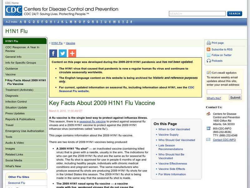Centers for Disease Control: Key Facts About 2009 H1 N1 Flu Vaccine Website Centers for Disease Control: Key Facts About 2009 H1 N1 Flu Vaccine Website