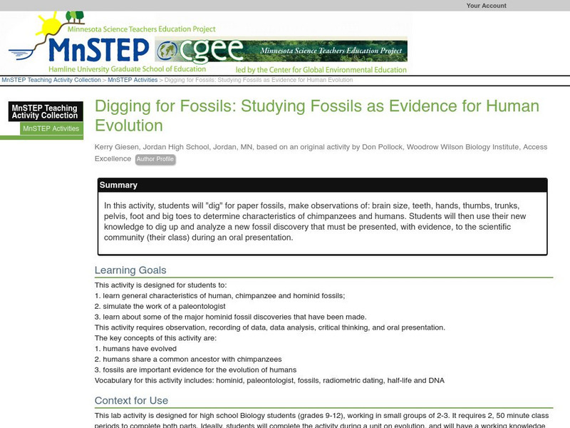Serc: Digging for Fossils: Studying Fossils as Evidence for Human Evolution Lesson Plan Serc: Digging for Fossils: Studying Fossils as Evidence for Human Evolution Lesson Plan