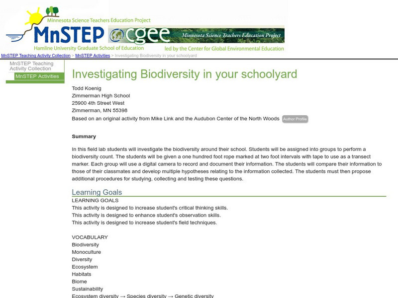 Serc: Investigating Biodiversity in Your Schoolyard Lesson Plan Serc: Investigating Biodiversity in Your Schoolyard Lesson Plan