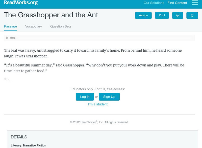 Read Works: The Grasshopper and the Ant Activity Read Works: The Grasshopper and the Ant Activity