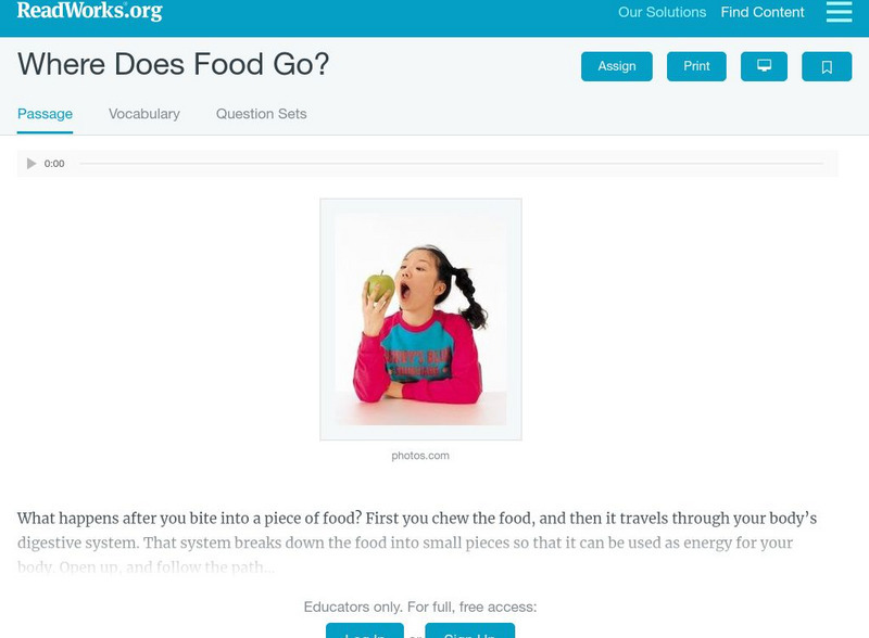 Read Works: Where Does Food Go? Activity Read Works: Where Does Food Go? Activity