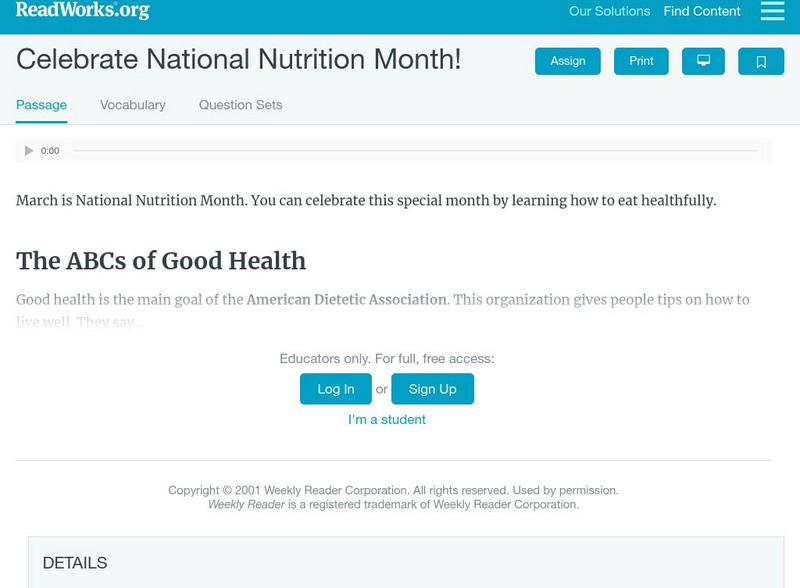 Read Works: Celebrate National Nutrition Month! Activity Read Works: Celebrate National Nutrition Month! Activity