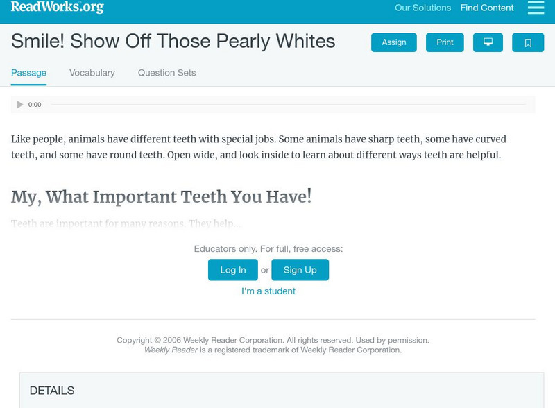 Read Works: Smile! Show Off Those Pearly Whites Activity Read Works: Smile! Show Off Those Pearly Whites Activity