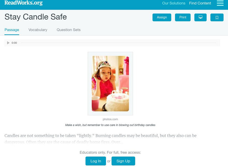 Read Works: Stay Candle Safe Activity Read Works: Stay Candle Safe Activity