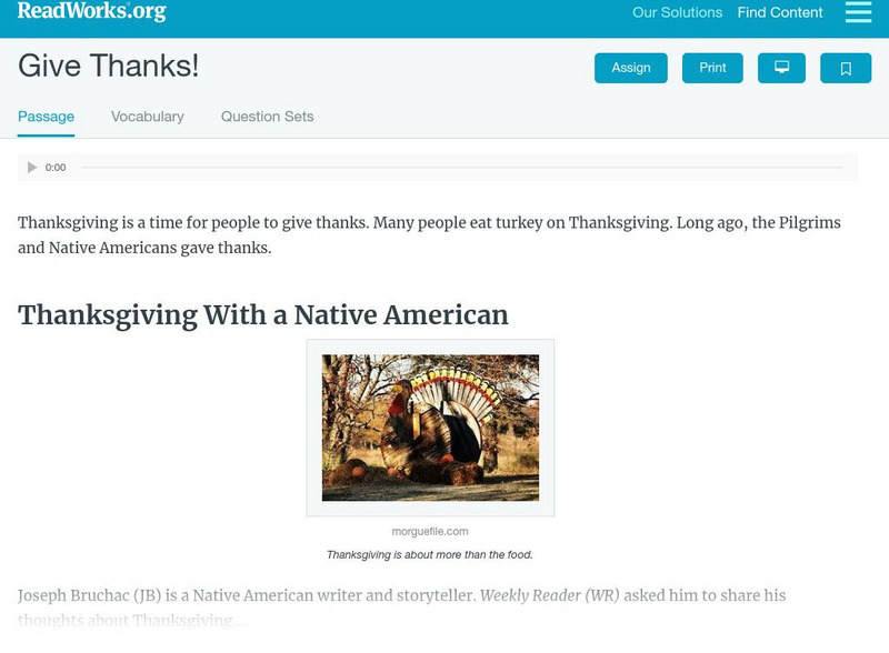 Read Works: Give Thanks Activity Read Works: Give Thanks Activity