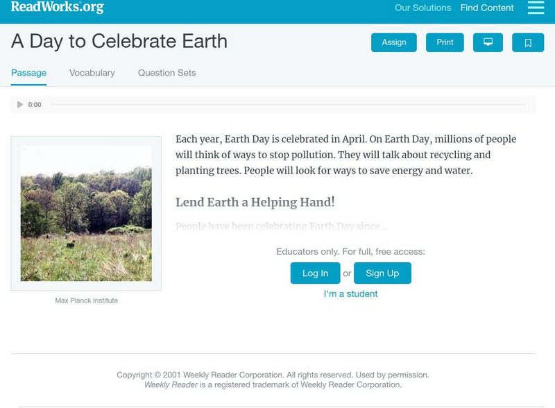 Read Works: A Day to Celebrate Earth Activity Read Works: A Day to Celebrate Earth Activity