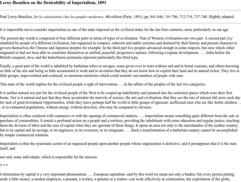 International Relations: Leroy Beaulieu on the Desirability of Imperialism, 1891 Article International Relations: Leroy Beaulieu on the Desirability of Imperialism, 1891 Article