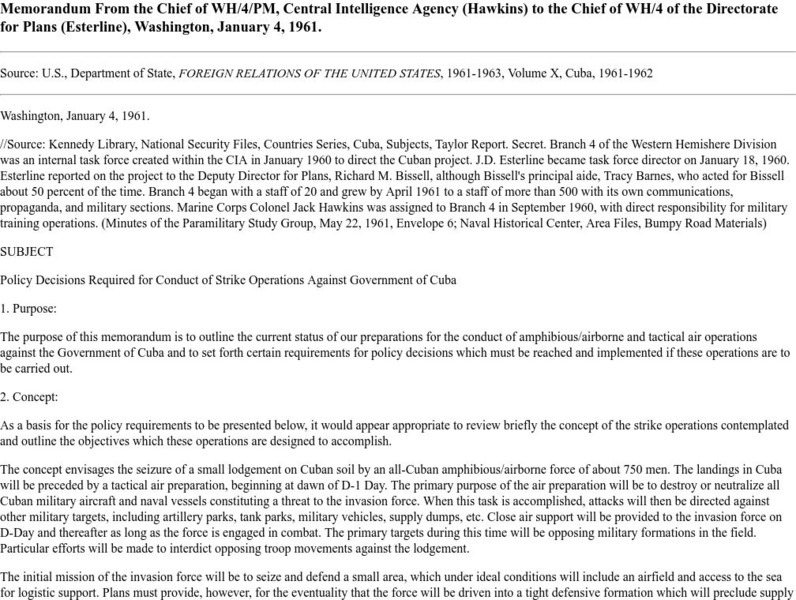 International Relations: Cia Internal Memorandum About Strike on Cuba Primary International Relations: Cia Internal Memorandum About Strike on Cuba Primary