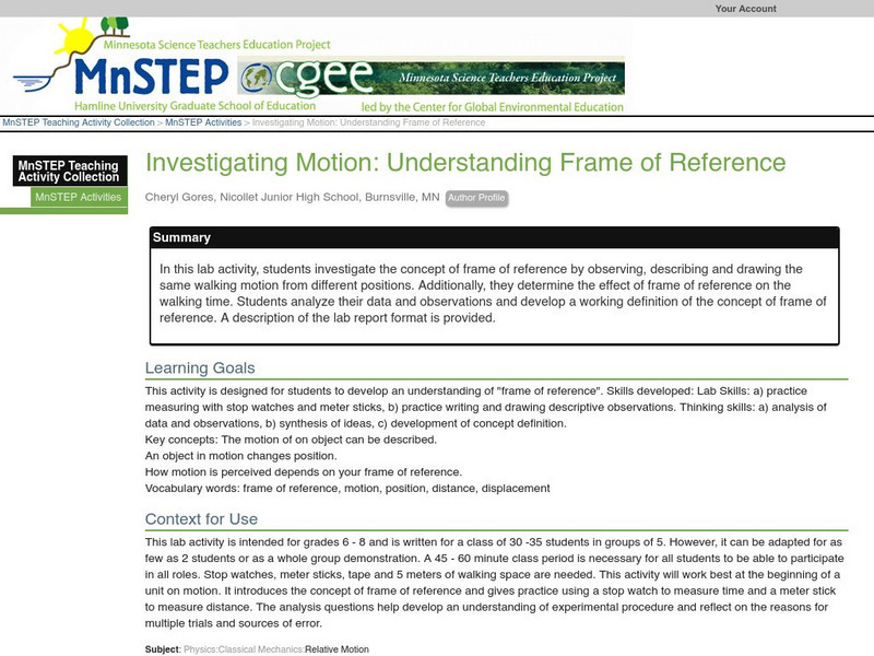 Serc: Investigating Motion: Understanding Frame of Reference Lesson Plan Serc: Investigating Motion: Understanding Frame of Reference Lesson Plan