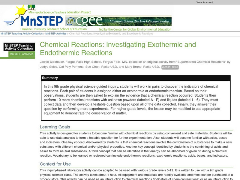 Serc: Chemical Reactions: Investigating Exothermic and Endothermic Reactions Lesson Plan Serc: Chemical Reactions: Investigating Exothermic and Endothermic Reactions Lesson Plan