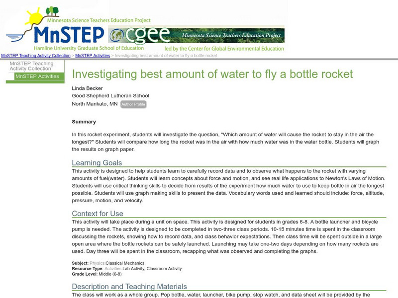Serc: Investigating Best Amount of Water to Fly a Bottle Rocket Lesson Plan Serc: Investigating Best Amount of Water to Fly a Bottle Rocket Lesson Plan