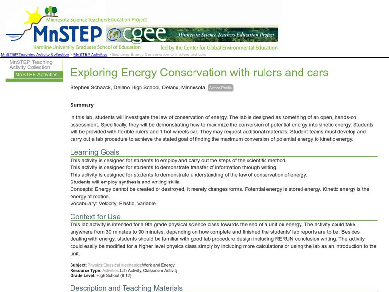 Serc: Exploring Energy Conservation With Rulers and Cars Lesson Plan Serc: Exploring Energy Conservation With Rulers and Cars Lesson Plan
