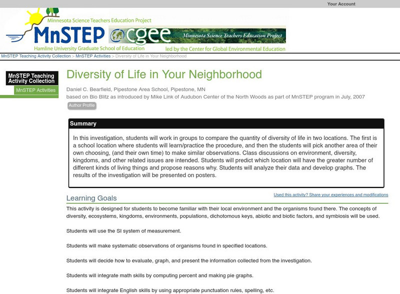 Serc: Diversity of Life in Your Neighborhood Lesson Plan Serc: Diversity of Life in Your Neighborhood Lesson Plan