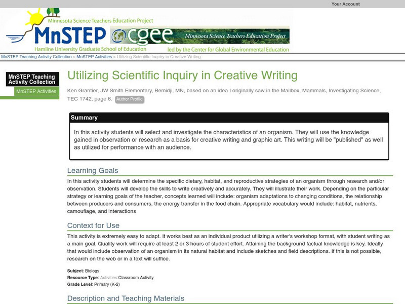 Serc: Utilizing Scientific Inquiry in Creative Writing Lesson Plan Serc: Utilizing Scientific Inquiry in Creative Writing Lesson Plan