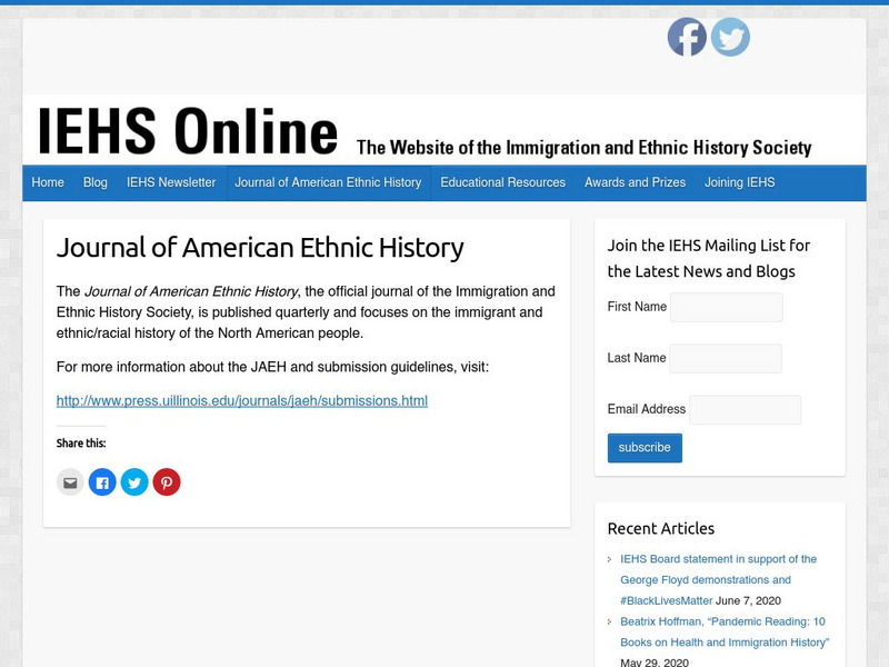 Iehs: Journal of American Ethnic History Website Iehs: Journal of American Ethnic History Website