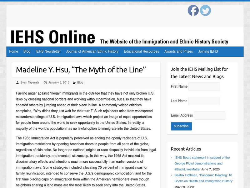 Iehs: Madeline Y. Hsu, "The Myth of the Line" Article Iehs: Madeline Y. Hsu, "The Myth of the Line" Article