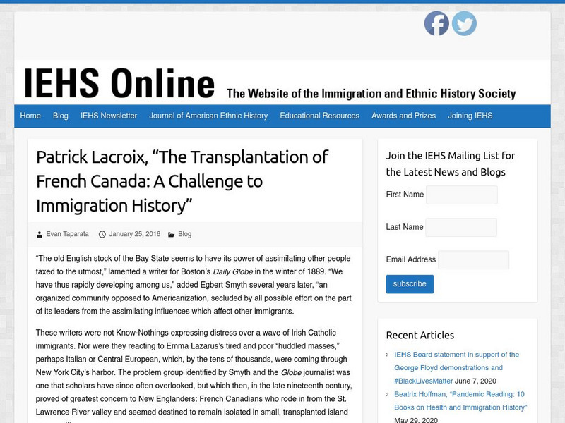 Iehs: Lacroix, the Transplantation of French Canada: A Challenge to Immigration Article Iehs: Lacroix, the Transplantation of French Canada: A Challenge to Immigration Article