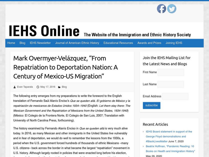 Iehs: Mark Overmyer Velazquez, "From Repatriation to Deportation Nation" Article Iehs: Mark Overmyer Velazquez, "From Repatriation to Deportation Nation" Article