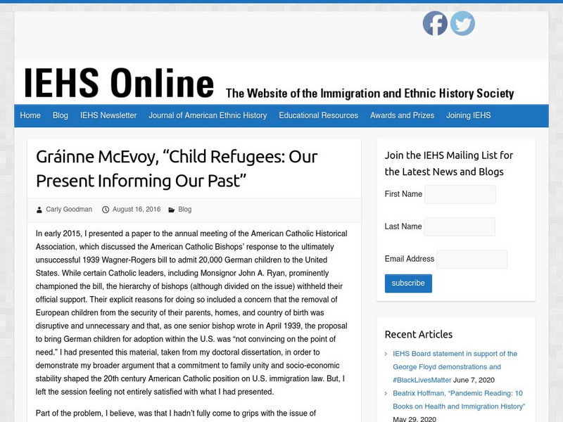 Iehs: Grainne Mc Evoy, "Child Refugees: Our Present Informing Our Past" Article Iehs: Grainne Mc Evoy, "Child Refugees: Our Present Informing Our Past" Article