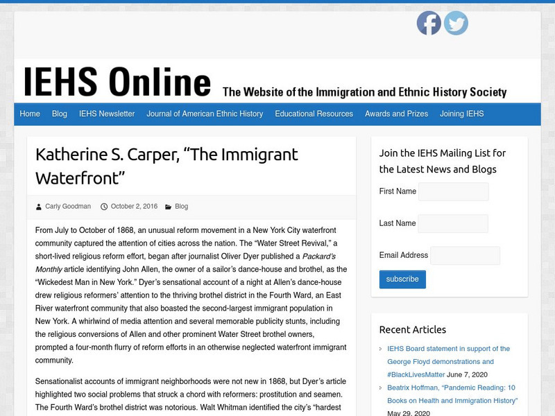 Iehs: Katherine S. Carper, "The Immigrant Waterfront" Article
