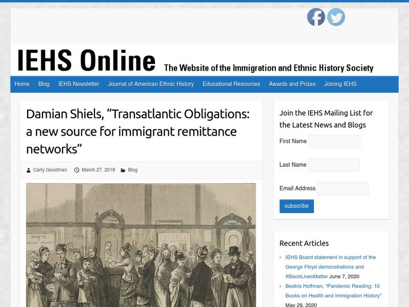 Iehs: Damian Shiels, "Transatlantic Obligations: Immigrant Remittance Networks" Article Iehs: Damian Shiels, "Transatlantic Obligations: Immigrant Remittance Networks" Article