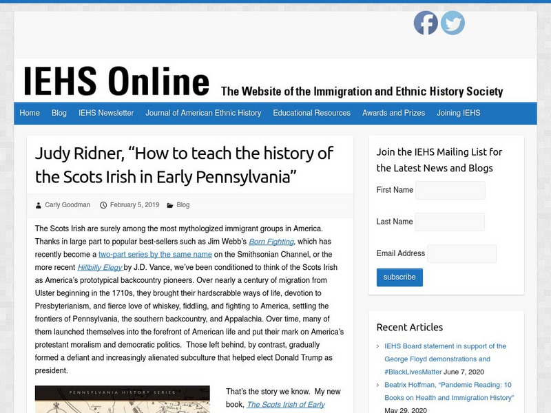 Iehs: Judy Ridner, How to Teach the History of the Scots Irish in Pennsylvania Article Iehs: Judy Ridner, How to Teach the History of the Scots Irish in Pennsylvania Article