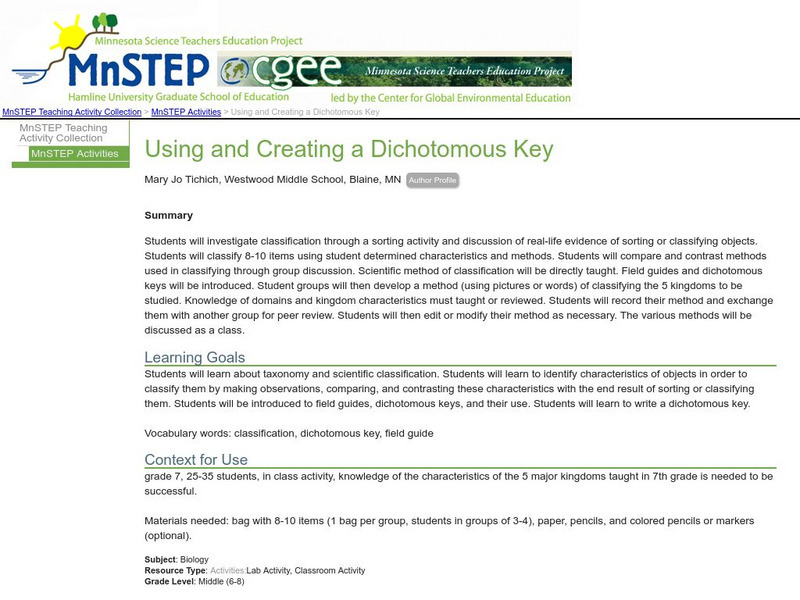 Serc: Using and Creating a Dichotomous Key Lesson Plan Serc: Using and Creating a Dichotomous Key Lesson Plan