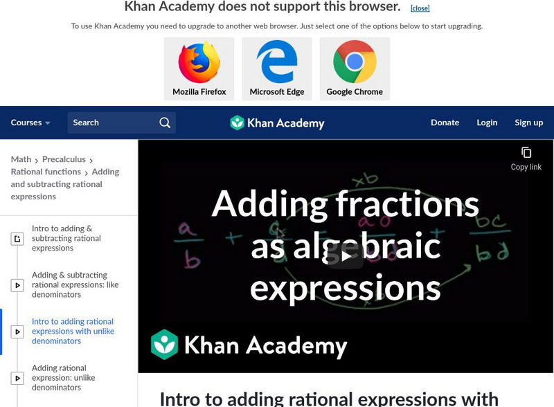 Khan Academy: Intro to Adding Rational Expressions With Unlike Denominators Instructional Video