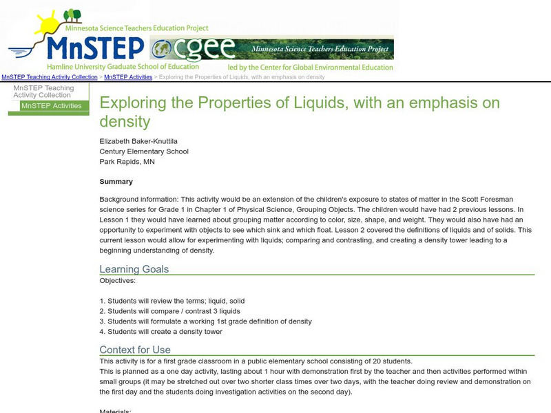 Serc: Exploring the Properties of Liquids, With an Emphasis on Density Lesson Plan Serc: Exploring the Properties of Liquids, With an Emphasis on Density Lesson Plan