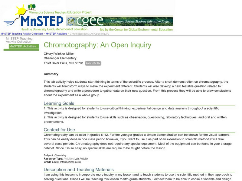 Serc: Chromotography: An Open Inquiry Lesson Plan Serc: Chromotography: An Open Inquiry Lesson Plan