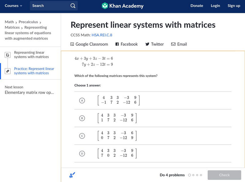 Khan Academy: Represent Linear Systems With Matrices Unknown Type